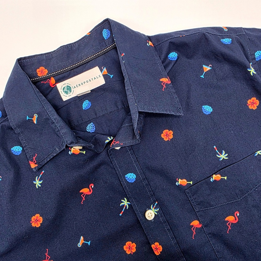 Aeropostale Mens Navy Blue‎ Flamingo Tropical Print Short Sleeve Button Down M